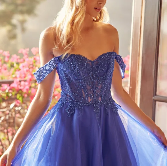 New long navy, royal, yellow, off the shoulder embroidered tulle ball gown dress - Picture 10 of 13